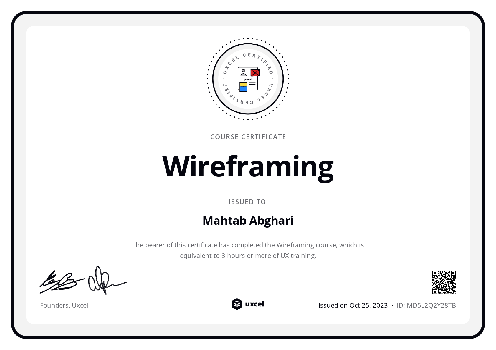 Mahtab Abghari's certificate